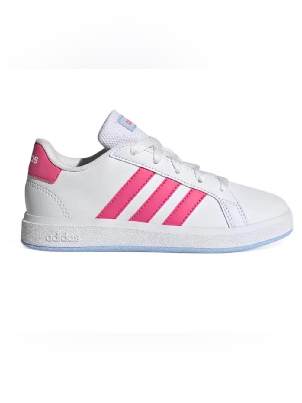 Women’s adidas Grand Court K Sneakers - White with Pink Stripes and Heel Tab